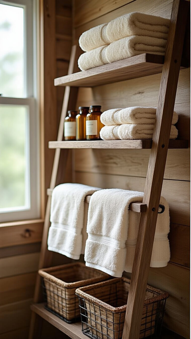Close-up of weathered wooden towel rack and dark walnut shelves with rolled cream towels, amber glass containers, and vintage wire baskets on knotty pine wall in soft morning light.