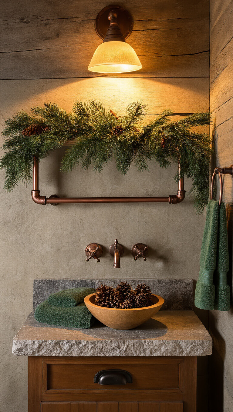 Cozy cabin bathroom with evergreen garland on copper towel bar, pinecone decor on stone vanity, and warm uplighting casting moody shadows on rustic walls.