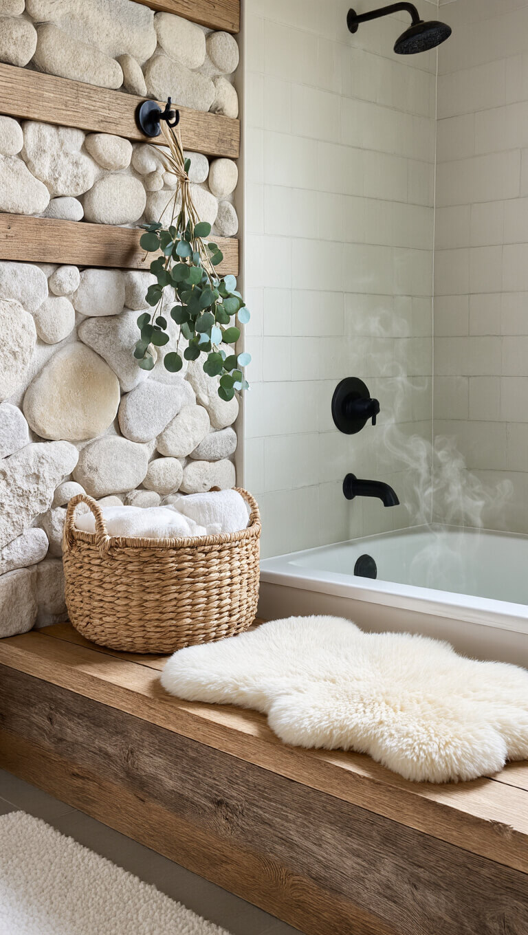Bright bathroom corner with river rock backsplash, rustic barnwood shelves, ivory sheepskin bath mat, woven basket of linens, and eucalyptus bundle steaming in morning light.