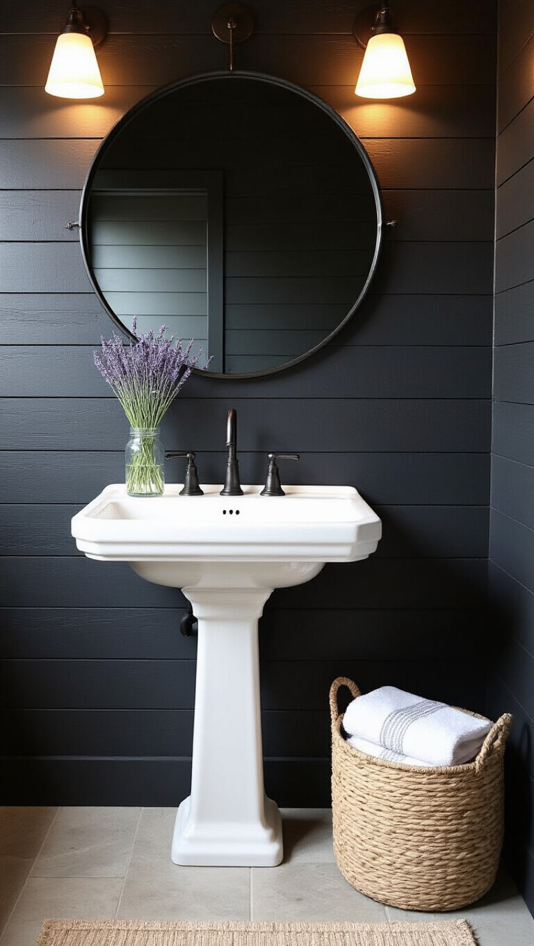 Minimalist cabin bathroom with white pedestal sink, dark shiplap walls, black-framed round mirror, and lavender in glass jar, softly lit at dusk.