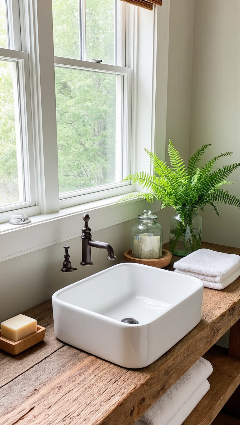 Minimalist master bathroom vanity with vessel sink on reclaimed wood counter, featuring curated items and morning window light.