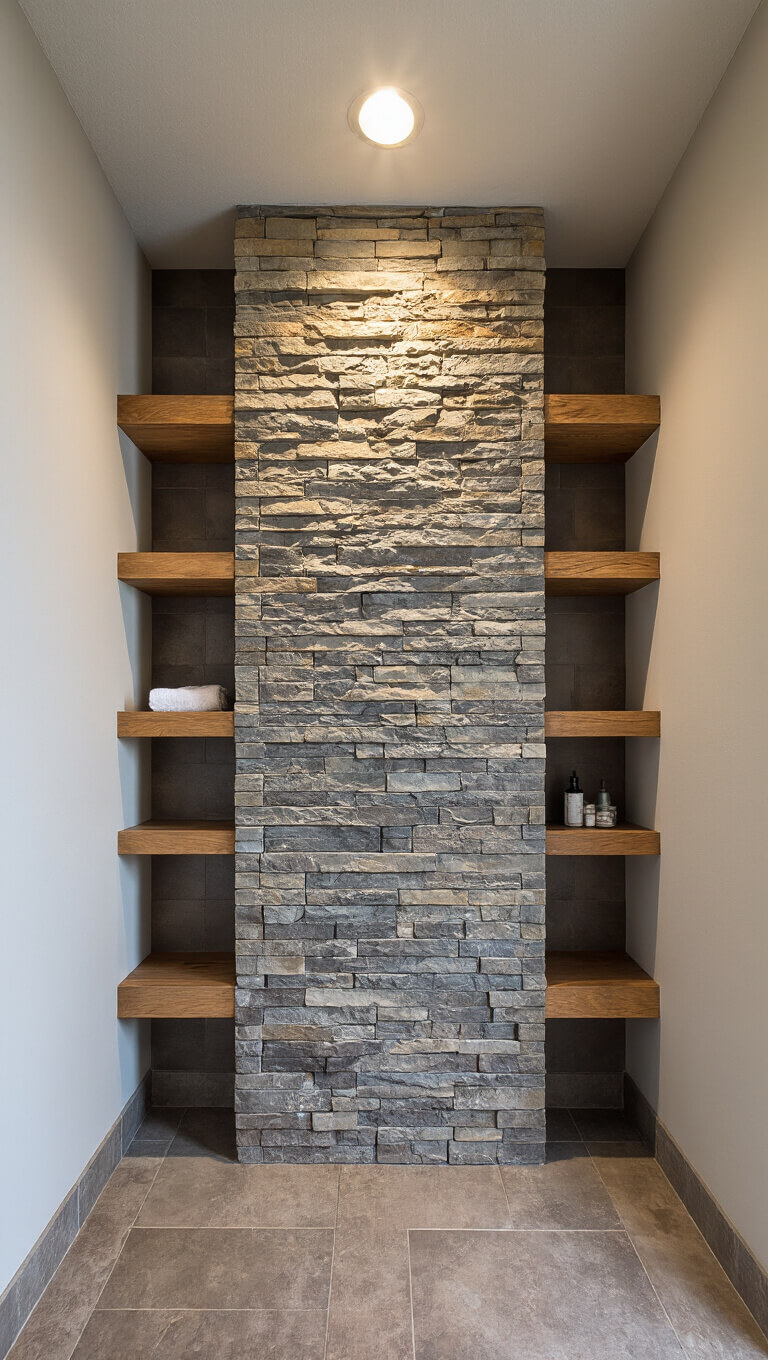 Vertical view of bathroom with stacked stone accent wall, wood shelving, and moody overhead lighting.