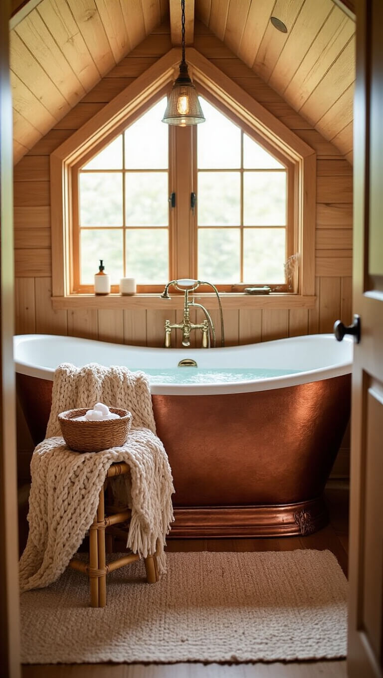 Cozy corner bathroom with copper soaking tub under dormer window, surrounded by honey wood paneling and warm afternoon light.