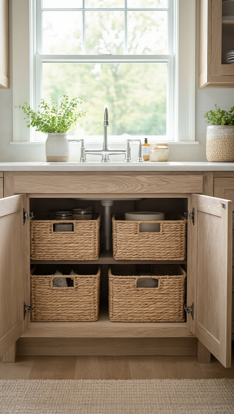 Close-up of custom weathered oak under-sink cabinet with open door revealing neatly organized storage baskets in soft natural morning light.
