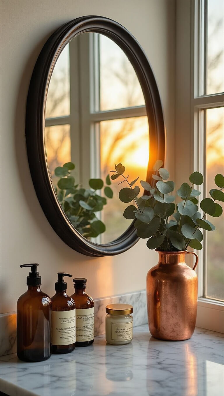 Sunrise light illuminates marble vanity with vintage apothecary bottles, eucalyptus in copper vase, and matte black mirror reflecting the glow.