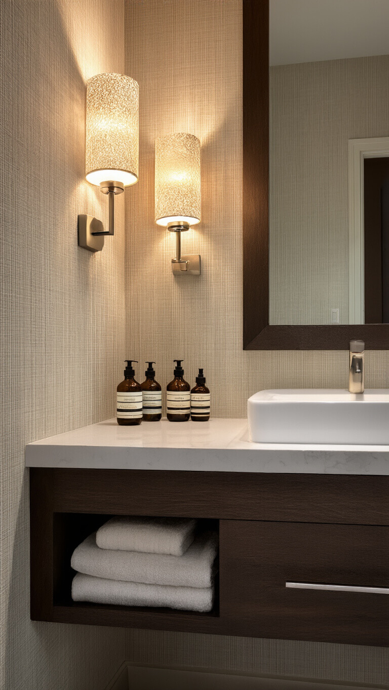 Warmly lit bathroom with seeded glass sconces, textured wallpaper, dark walnut floating vanity, and amber essential oil bottles.