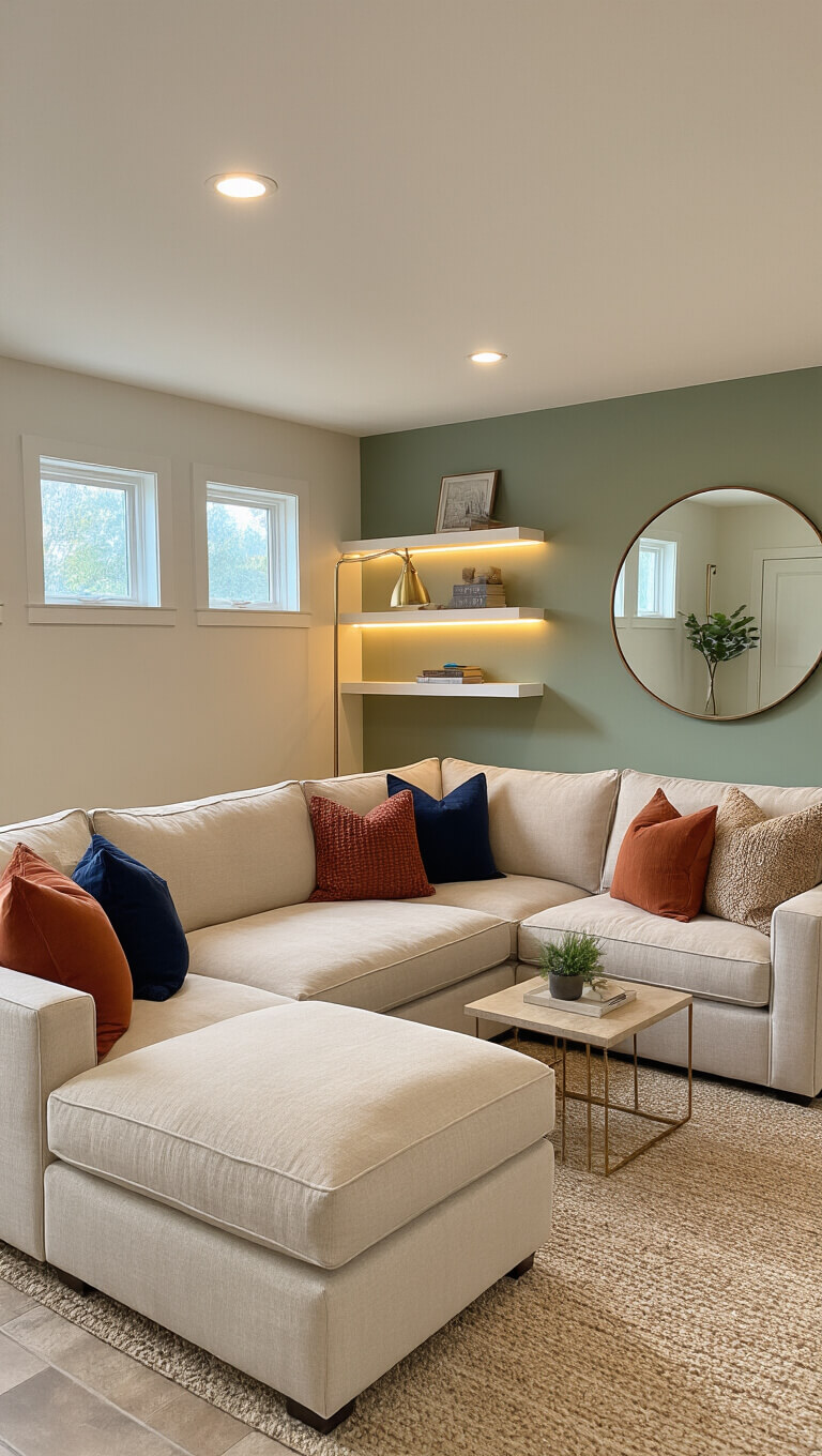 Cozy basement living room with oatmeal L-shaped sectional, rust and navy pillows, sage green accent wall, and layered warm lighting from windows, recessed spots, and floor lamps.