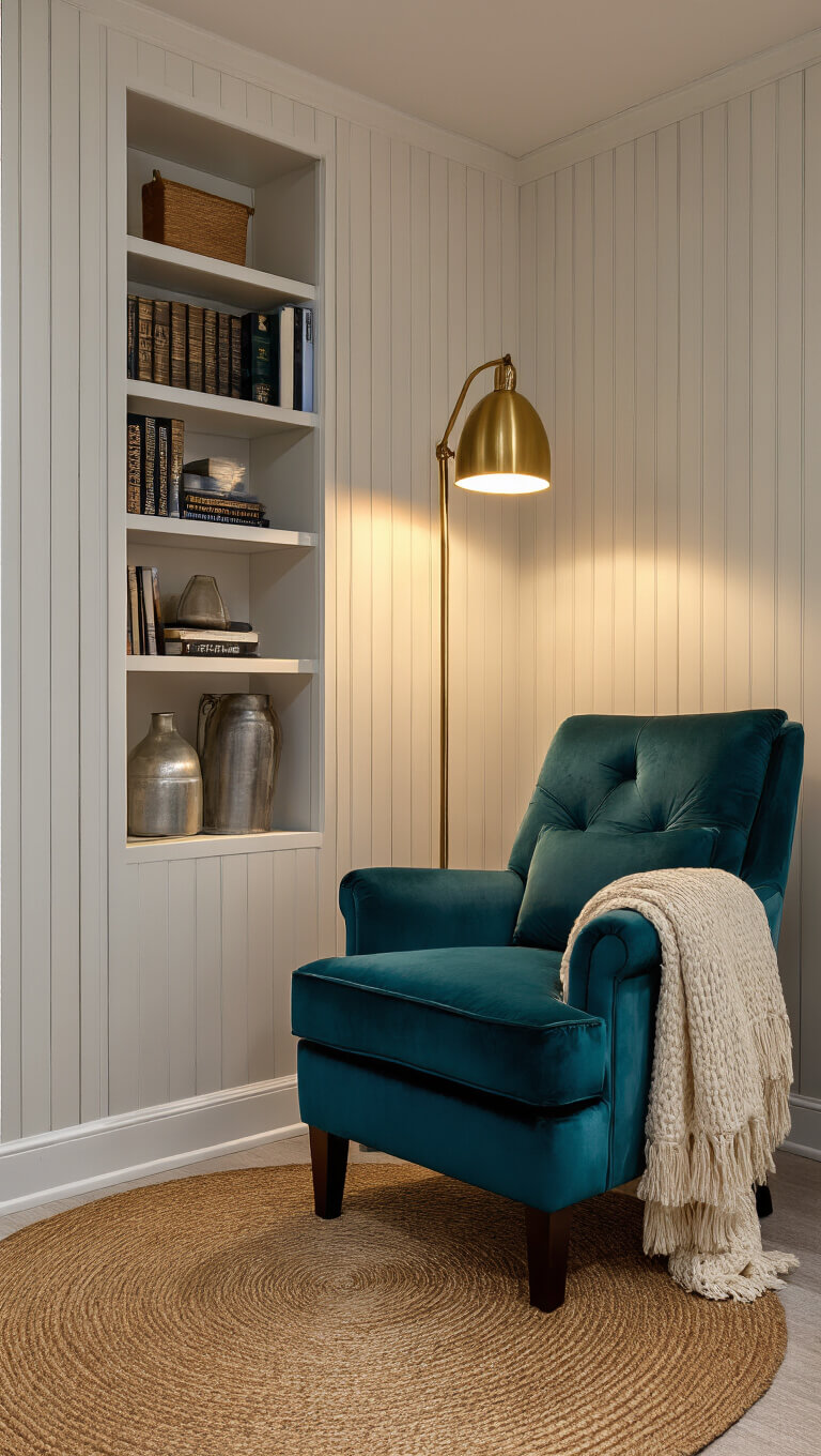 Low-angle view of cozy 8'x8' basement reading nook with teal velvet armchair on circular jute rug, brass floor lamp casting warm light, built-in floating bookshelves, vertical striped wallpaper, and cream throw blanket.