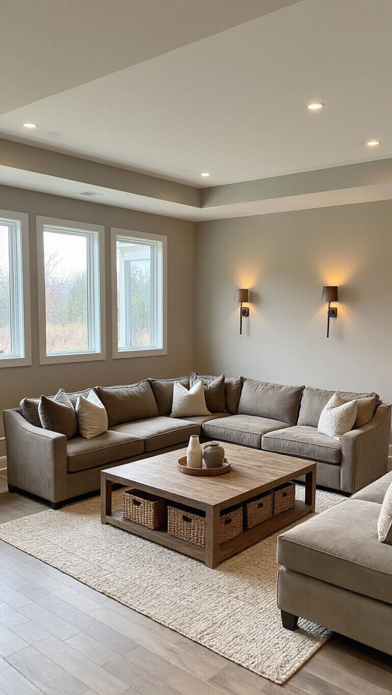 Open-concept basement entertainment area with U-shaped velvet sectional, wooden coffee table, and layered lighting; morning light filters through large window wells, illuminating greige walls and ceiling.