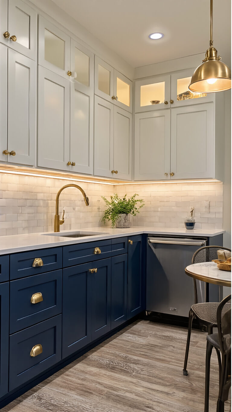 Basement kitchenette with navy lower cabinets, warm white uppers, quartz countertop, under-cabinet LED lighting, brass pendant over bistro table, mirrored backsplash, and wood-look vinyl flooring.