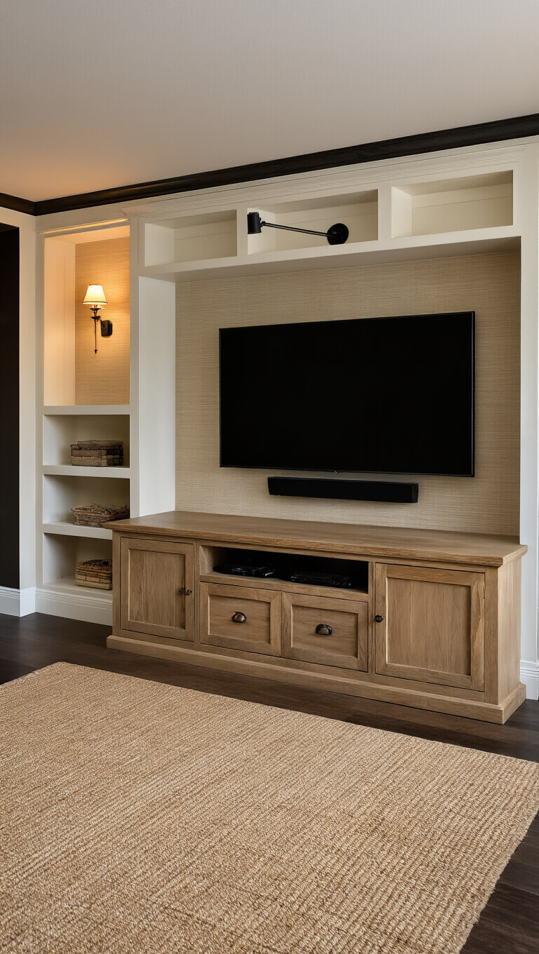 Corner view of basement media wall with large TV framed by warm white built-in shelves, dimmable sconces, grasscloth wallpaper, oak console, and layered rugs.