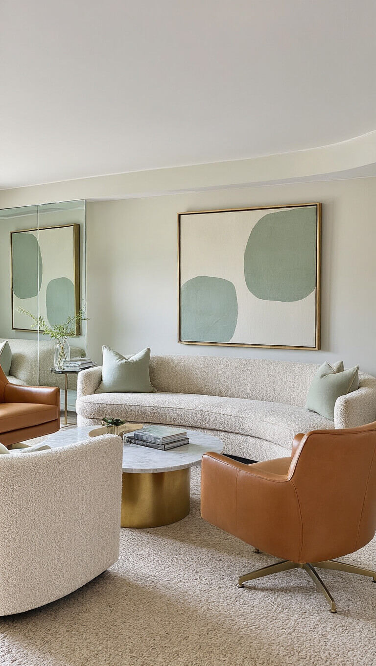 Basement conversation area with curved bouclé sofa, caramel leather swivel chairs, abstract art, marble and brass coffee table, and mirror wall reflecting afternoon light.
