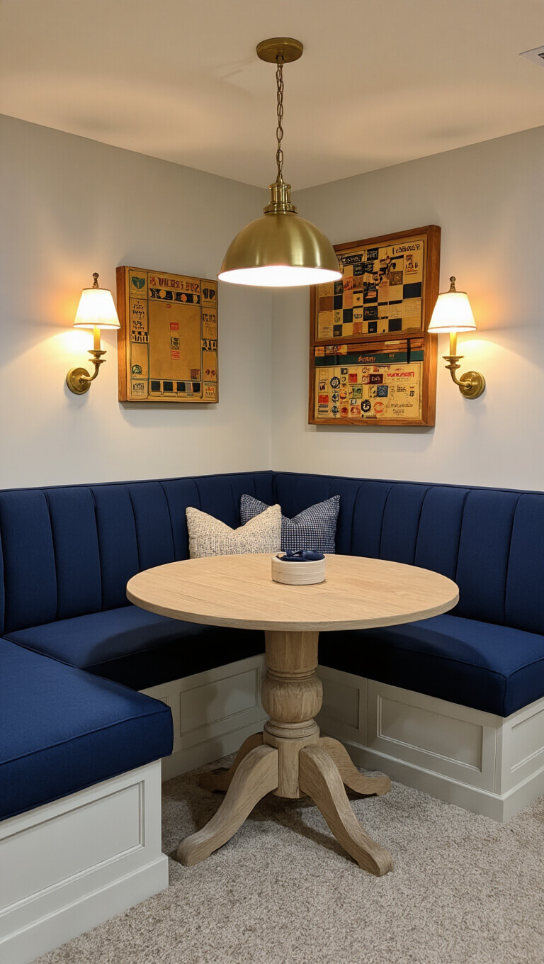 Cozy basement game nook with navy banquette, round oak table, warm pendant lighting, and vintage game board gallery wall.