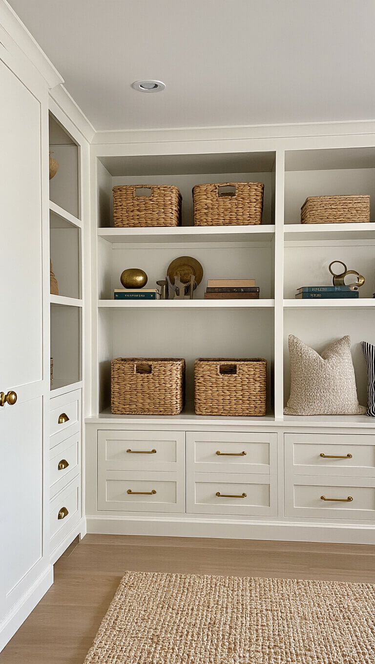 Close-up of warm white custom built-in basement storage with brass hardware, featuring a mix of closed cabinets and open shelves styled with woven baskets, vintage books, and metallic decor under soft natural and picture lighting.