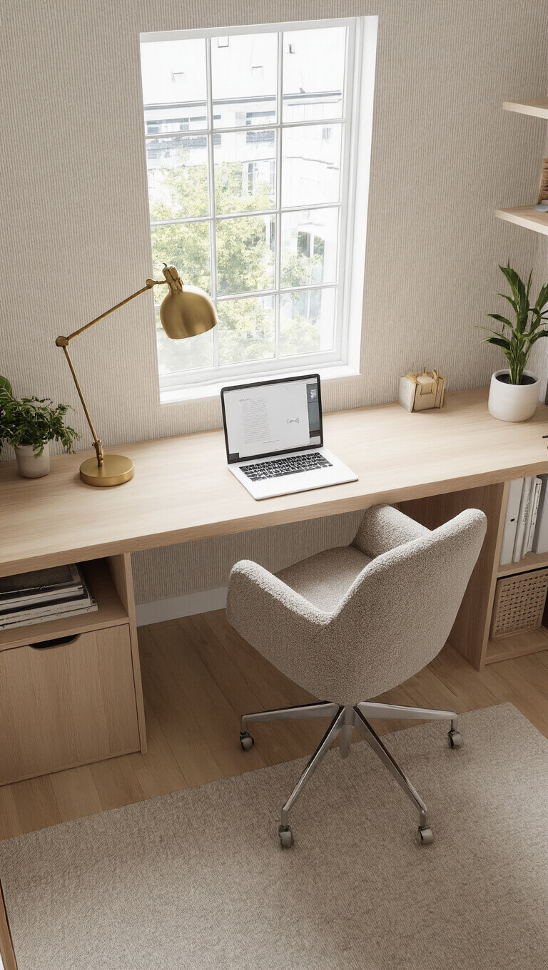 High-angle view of organized basement workspace with floating wood desk, greige bouclé chair, brass lamp, shelving, and plant corner lit by uplight.