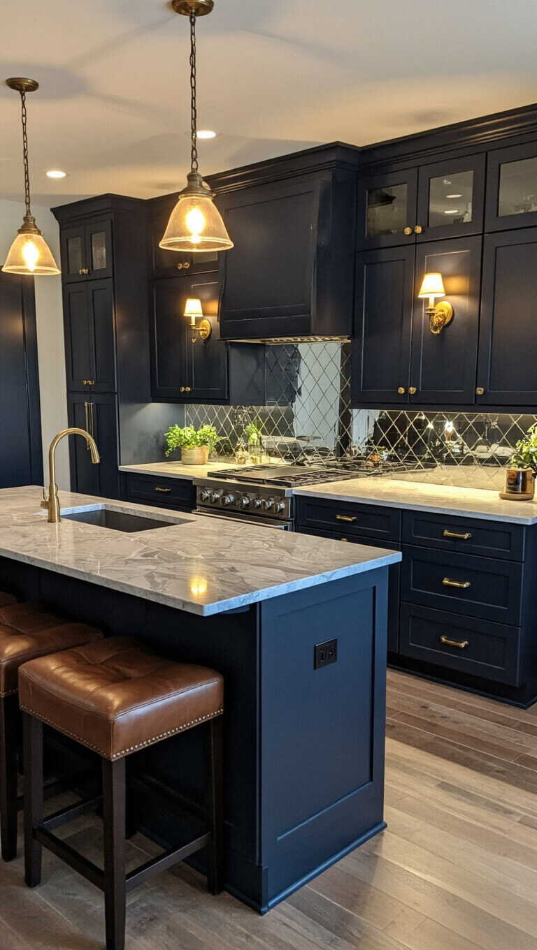 Wide shot of a cozy basement bar with dark navy cabinets, brass hardware, quartz waterfall counter, leather barstools, and evening lighting reflected in a mirrored backsplash.