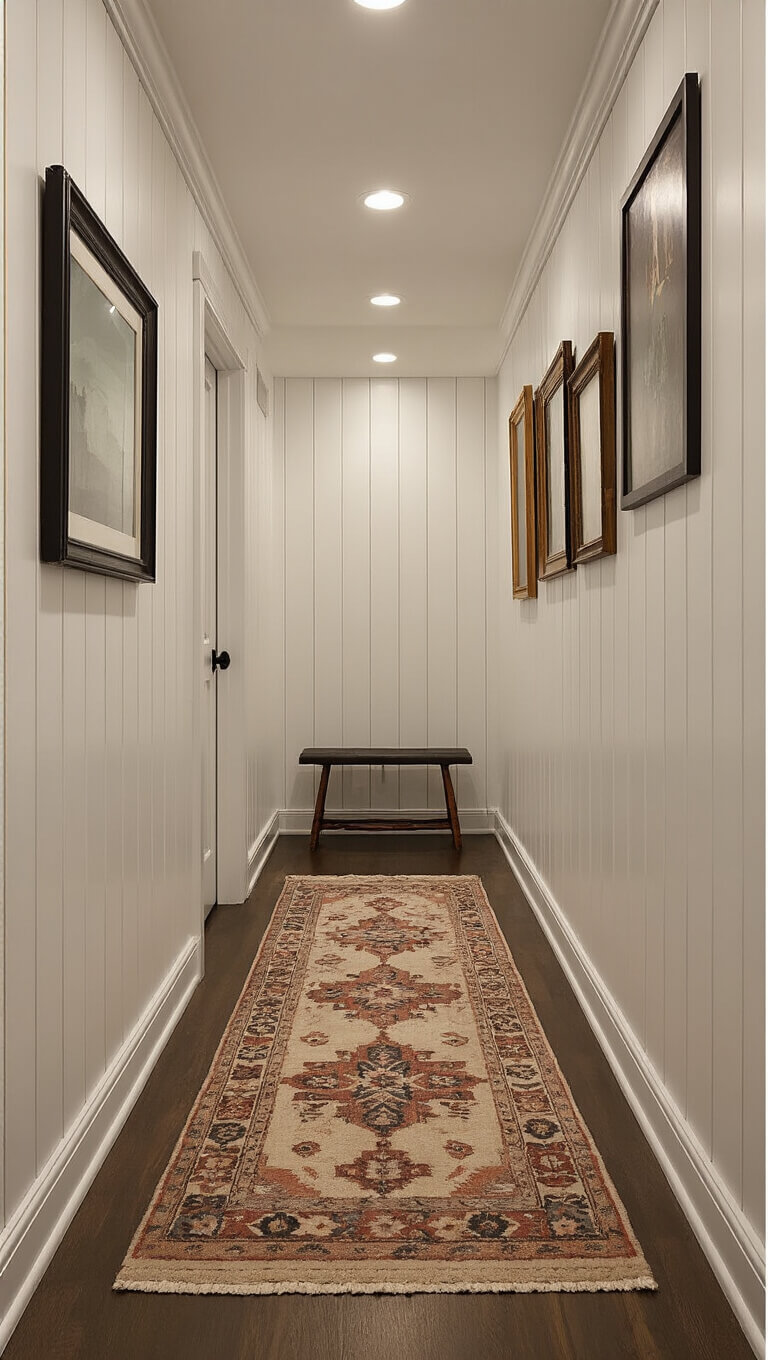 Eye-level view of a 4'x12' basement hallway with warm white vertical shiplap, layered lighting, vintage runner rug, and eclectic gallery wall.