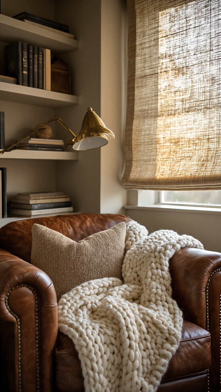 Close-up of cozy basement reading nook with leather armchair, brass lamp, floating bookshelves, and ivory knit throw in golden hour light.