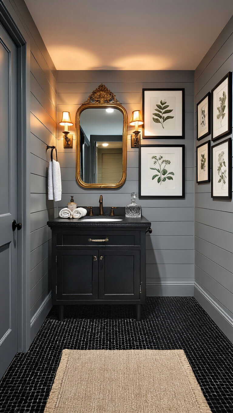 Moody vintage glamour powder room with black penny tile floor, black shiplap walls, amber sconces, and antique brass mirror over a black stone vanity.