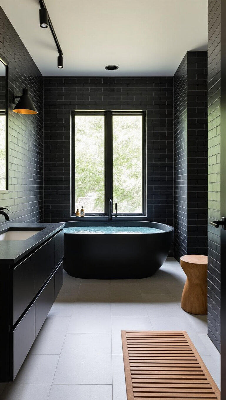 Modern master bathroom with black Japanese soaking tub, matte black vertical subway tiles, floating double vanity, and large black-framed window providing natural light.