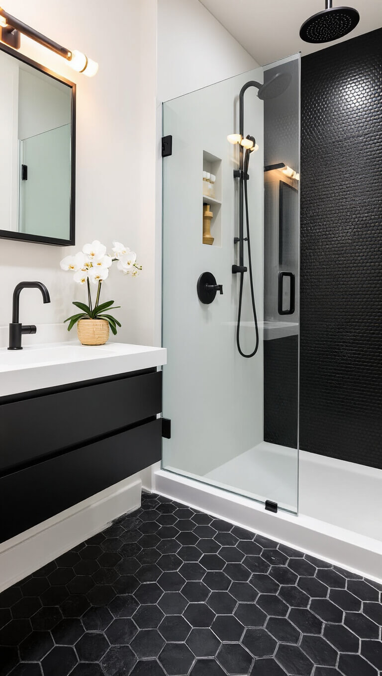 High corner view of compact ensuite bathroom with black hex tile floor, black-framed walk-in shower, wall-mounted black vanity, backlit medicine cabinet, and matte black fixtures; white orchid and bamboo decor contrast with dark tones.