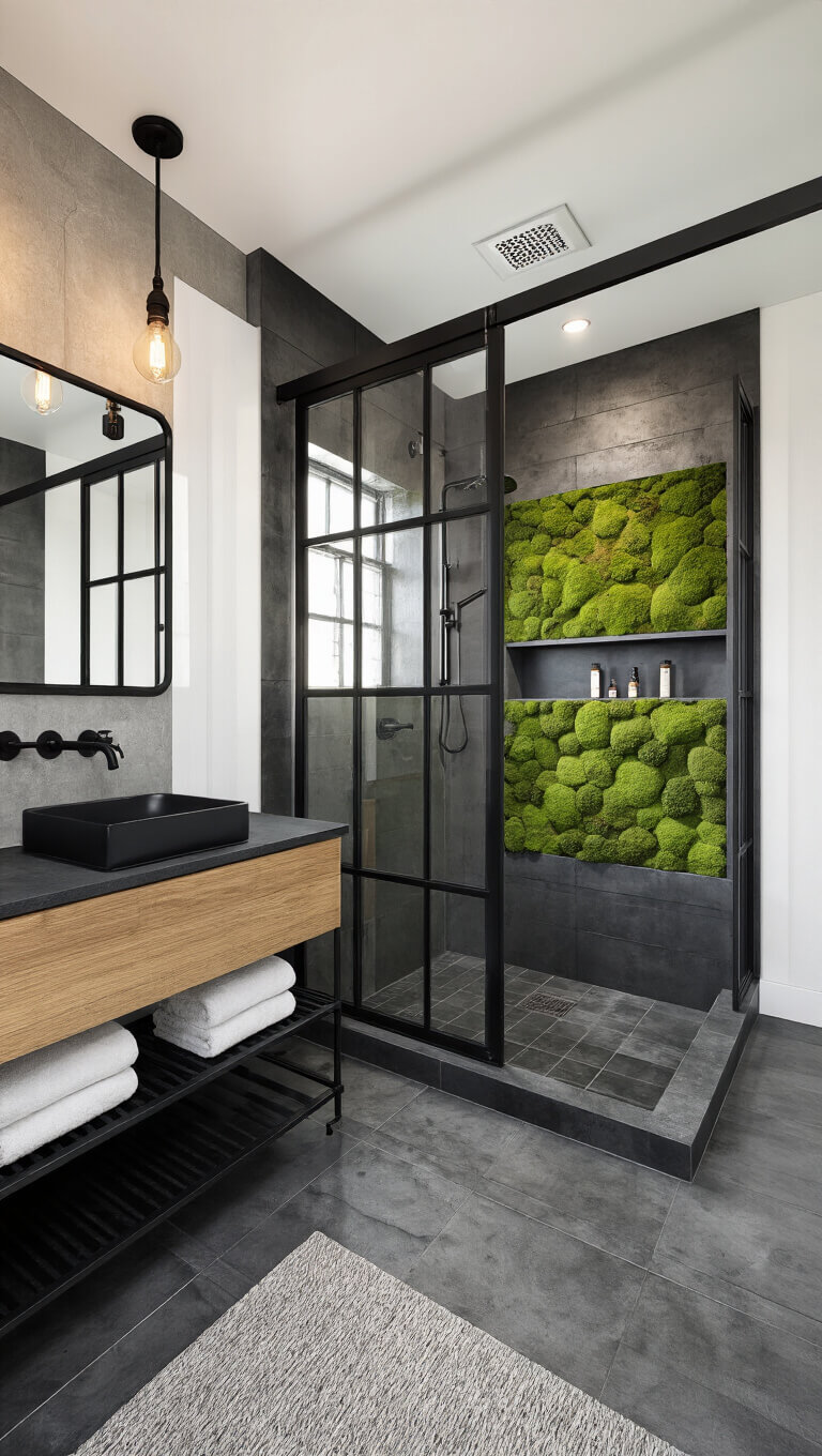 Industrial modern bathroom with black steel-frame shower, concrete-look tiles, black oak vanity, exposed pipe shelving, Edison bulb lighting, and preserved moss wall.