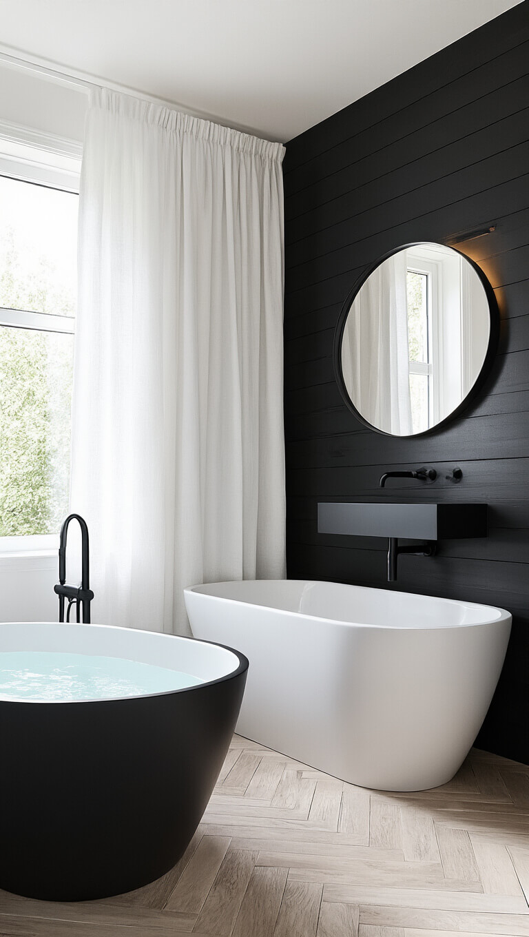 Scandinavian minimal bathroom with matte black freestanding tub, black shiplap wall, herringbone black stone floor tiles, and sleek black vanity under round LED-lit mirror.