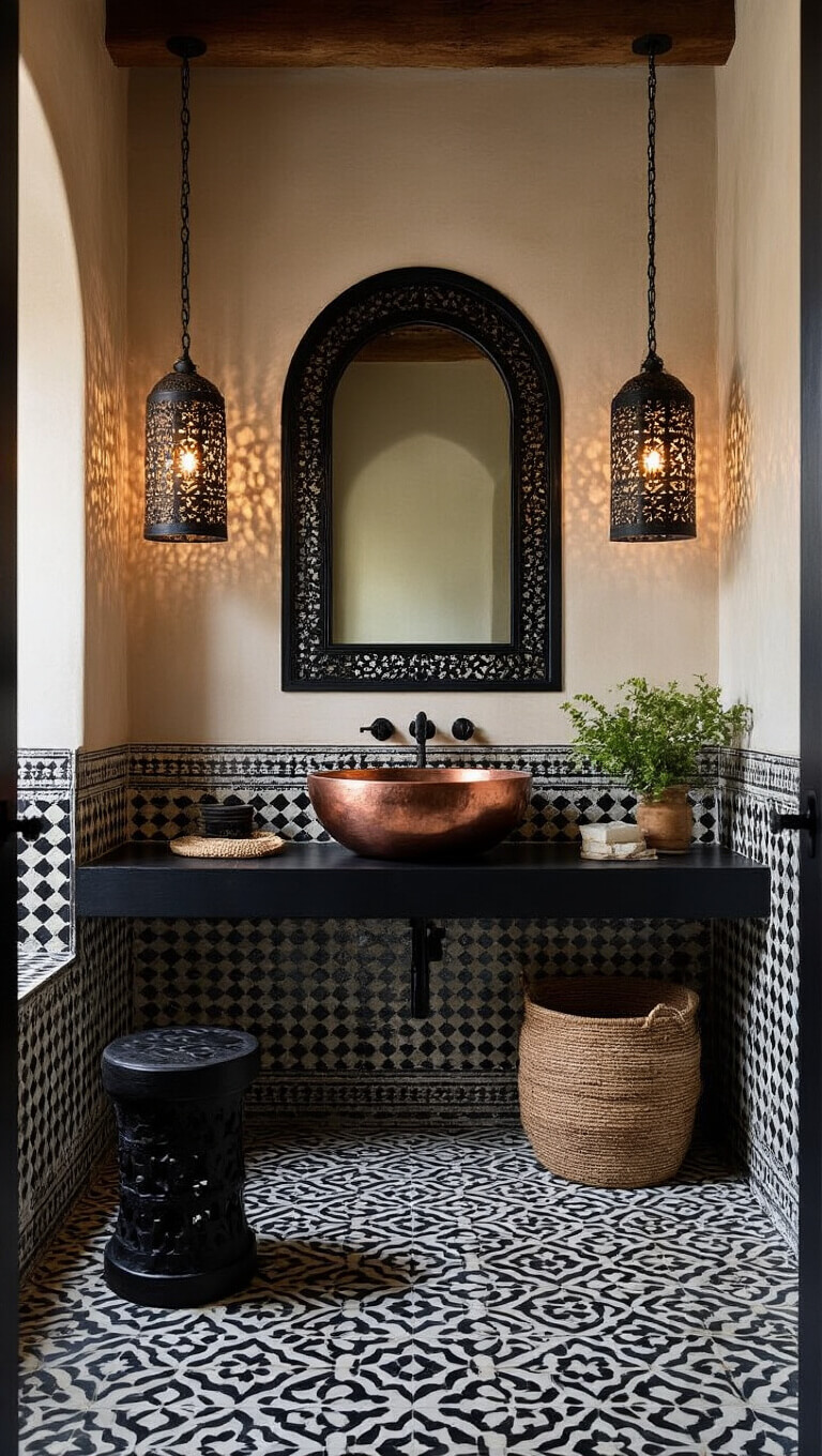 Mediterranean-inspired evening bathroom with black zellige tiles, arched black-framed mirror, floating black vanity, copper vessel sink, iron pendant lights casting shadows, black carved stool, and woven baskets.