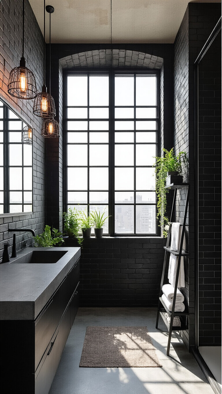 High-angle view of urban loft bathroom with black steel factory windows, black brick-look tiles, black concrete floating vanity, metal ladder shelf with plants and towels, and industrial cage lighting casting dramatic shadows.