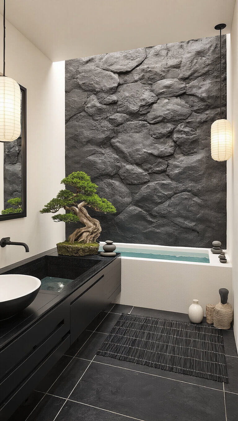 Asian zen bathroom with black soaking tub, river rock feature wall, floating vanity, paper lanterns, and minimalist decor in peaceful, dim lighting.
