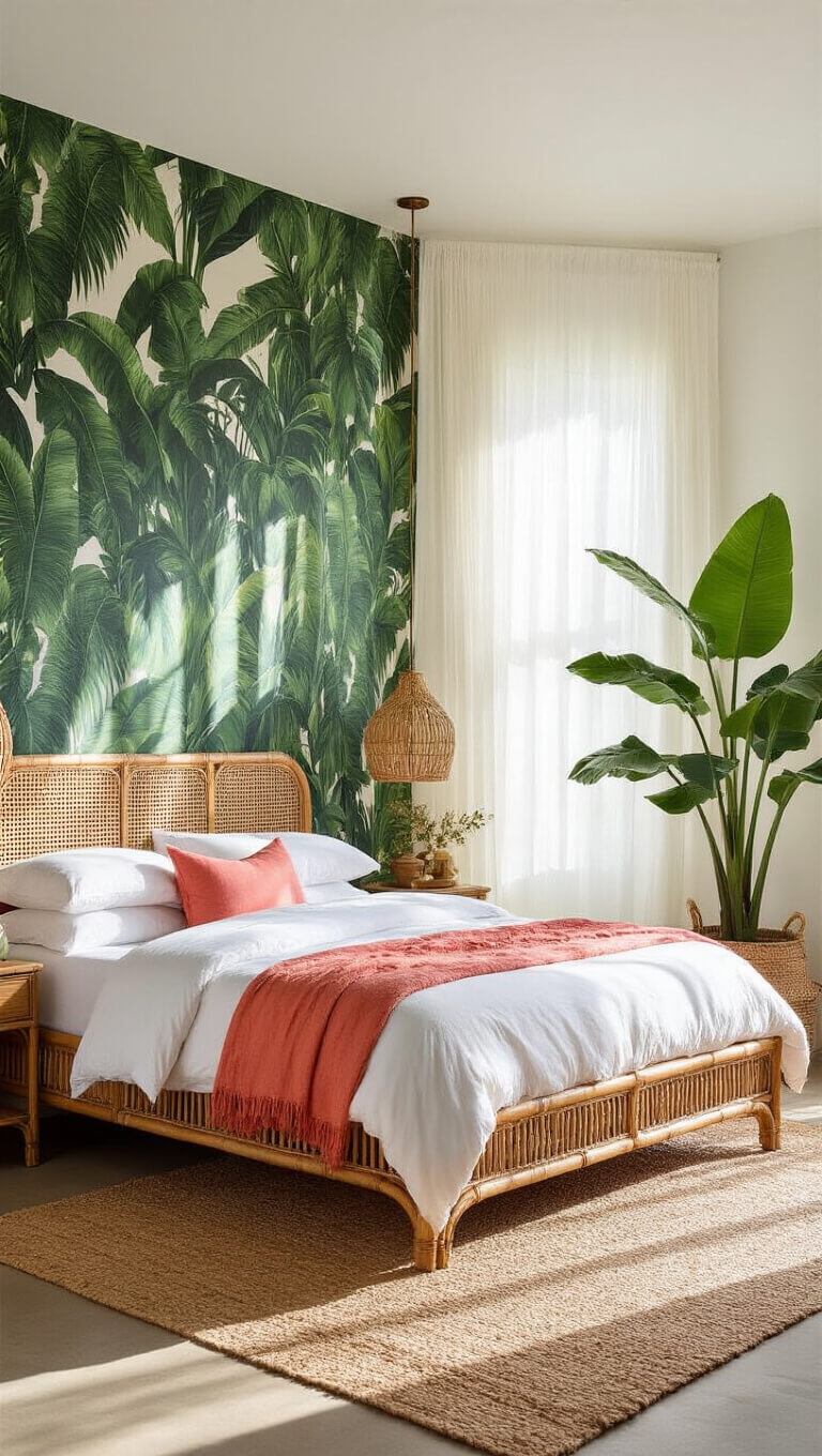 Bright bedroom with rattan bed, emerald palm leaf wallpaper, sheer curtains, Monstera plant, and jute rug in morning light.