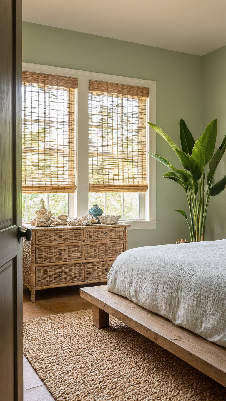 Tropical bedroom with teak platform bed, seagrass rug, bamboo blinds filtering sunlight, bird of paradise plant, and rattan dresser with shell decor.