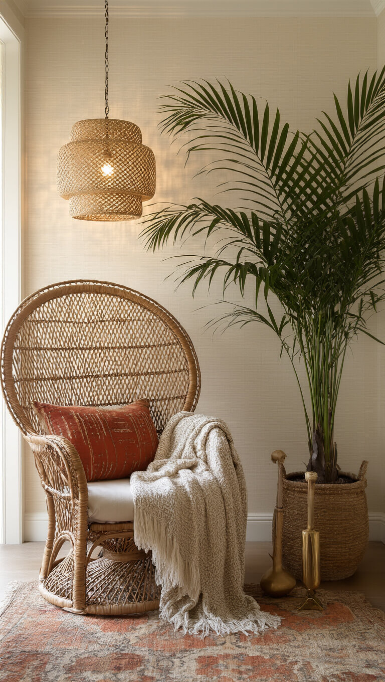Cozy 10x12ft bedroom corner with peacock chair, tribal textiles, palm fronds, and warm dusk lighting casting intricate shadows.