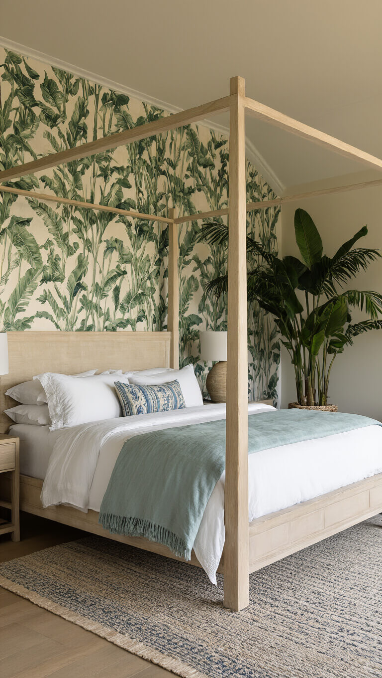 Expansive primary bedroom with four-poster bed, tropical wallpaper, potted palms, and luxury linens captured in golden hour light.
