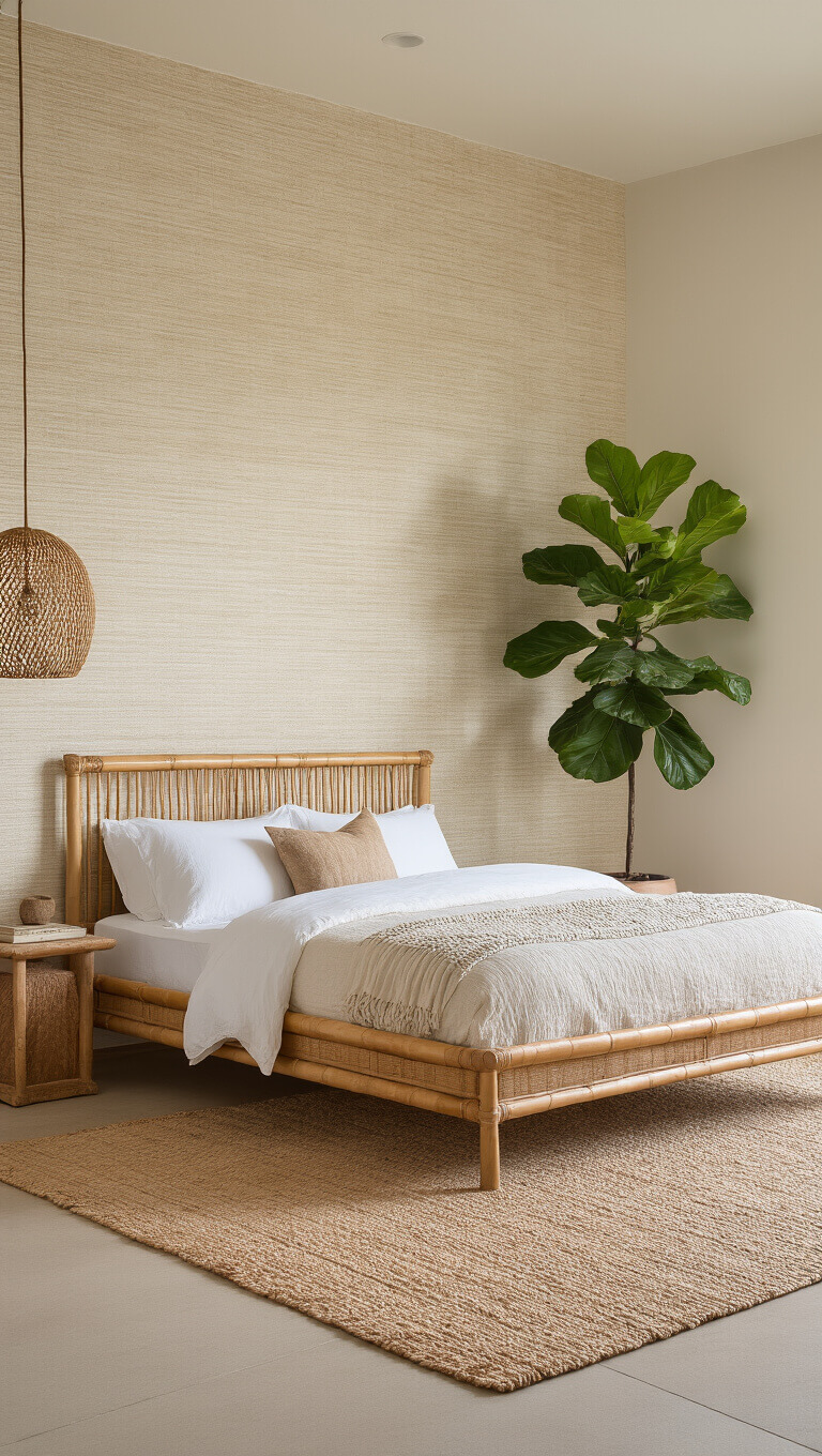 Minimalist 12x14ft guest bedroom with bamboo bed, grasscloth wall, fiddle leaf fig in ceramic planter, woven pendant, and natural fiber rug in warm neutral tones.