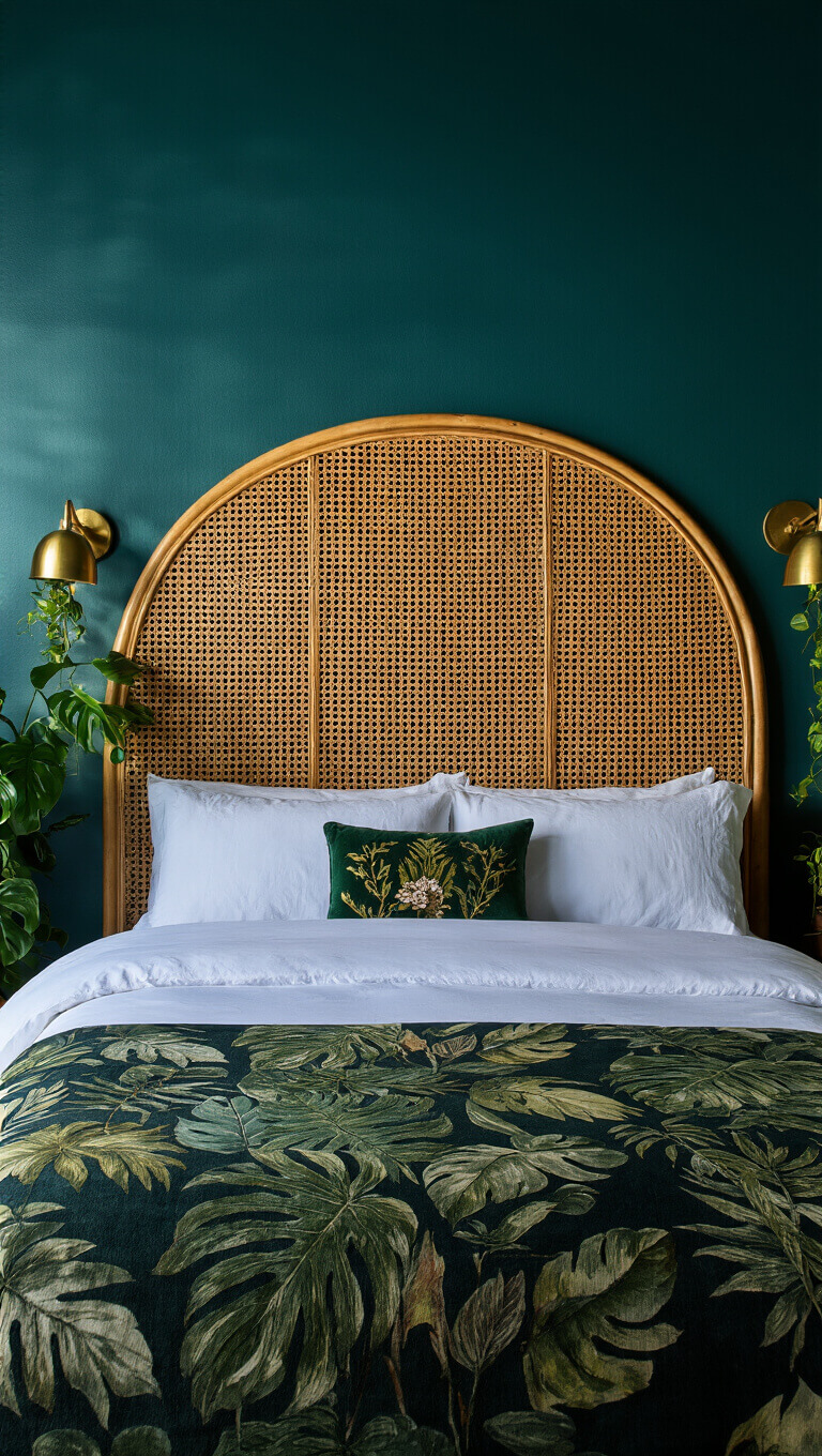 Moody 14x16ft bedroom at twilight with vintage brass sconces, rattan king headboard casting shadows on deep teal walls, detailed close-up of woven textures and botanical prints, uplighting on monstera and pothos plants, emerald velvet and spice-toned textiles adding luxury.