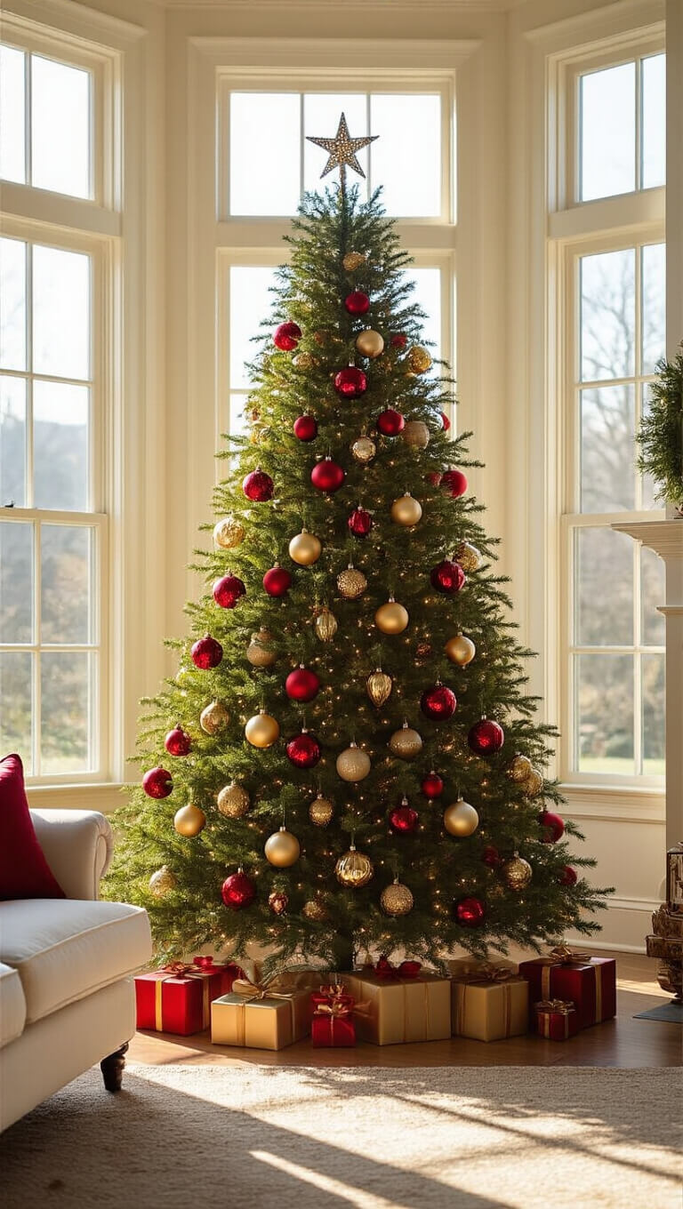 Sunlit living room with a 9-foot Christmas tree decorated with vintage red and gold glass baubles, sparkling in warm afternoon light from a bay window.