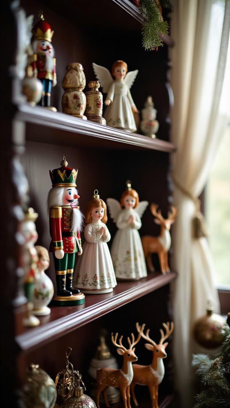 Close-up of hand-painted figurines including nutcrackers, porcelain angels, and reindeer on dark mahogany shelves with morning light and soft bokeh background.