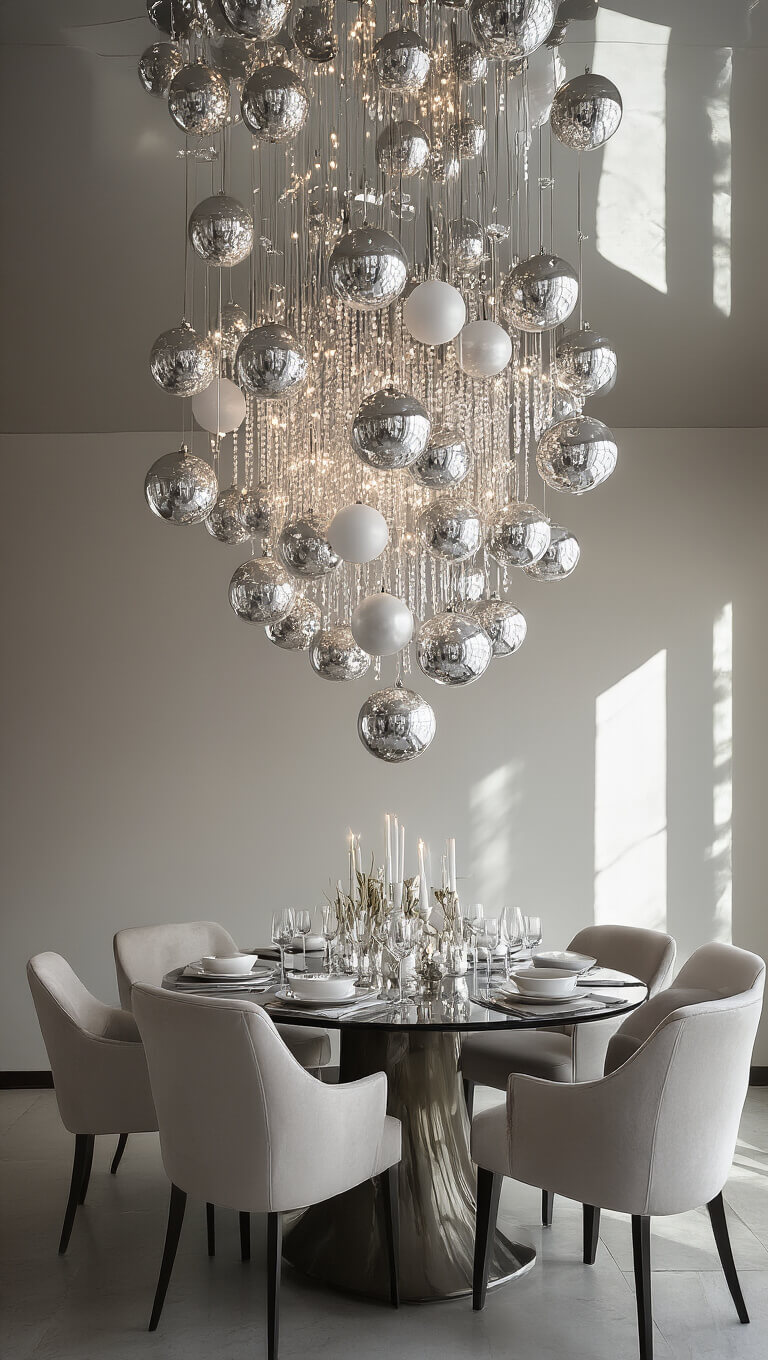 Modern minimalist dining room with crystal chandelier adorned with large silver and white mercury glass baubles, ambient evening lighting, and clean-lined neutral furniture.