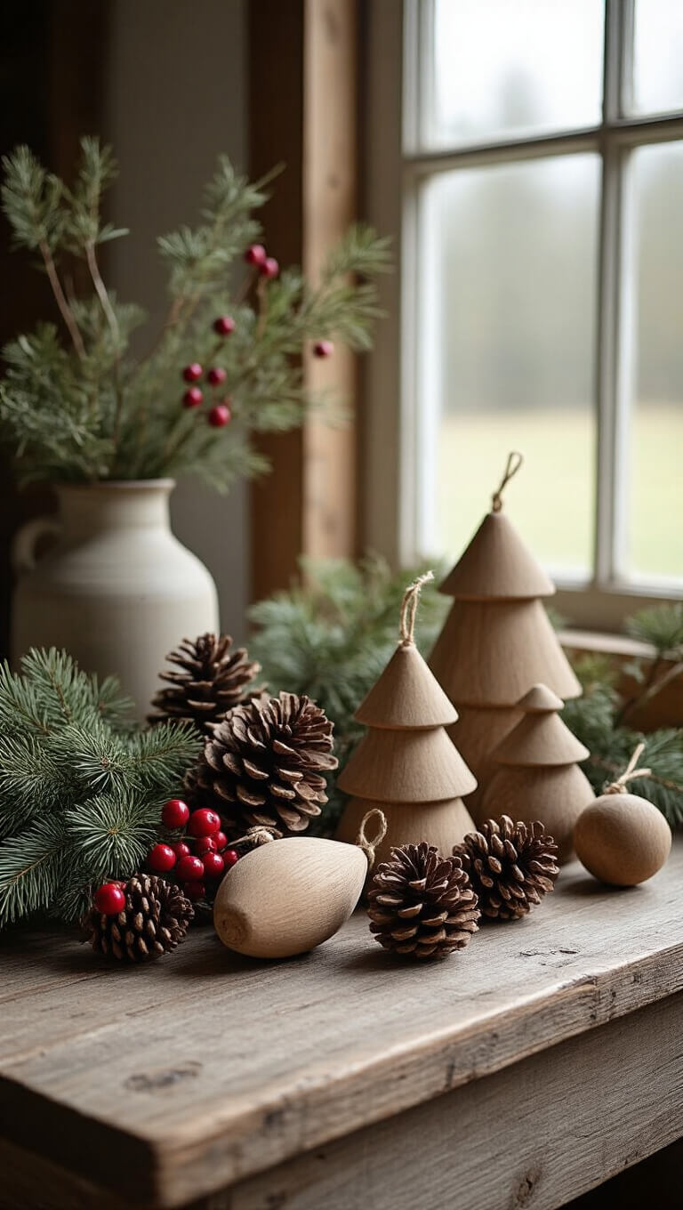 Overhead view of rustic kitchen vignette with handcrafted wooden ornaments, pine cones, and berries on a weathered wooden table, lit by soft natural light.