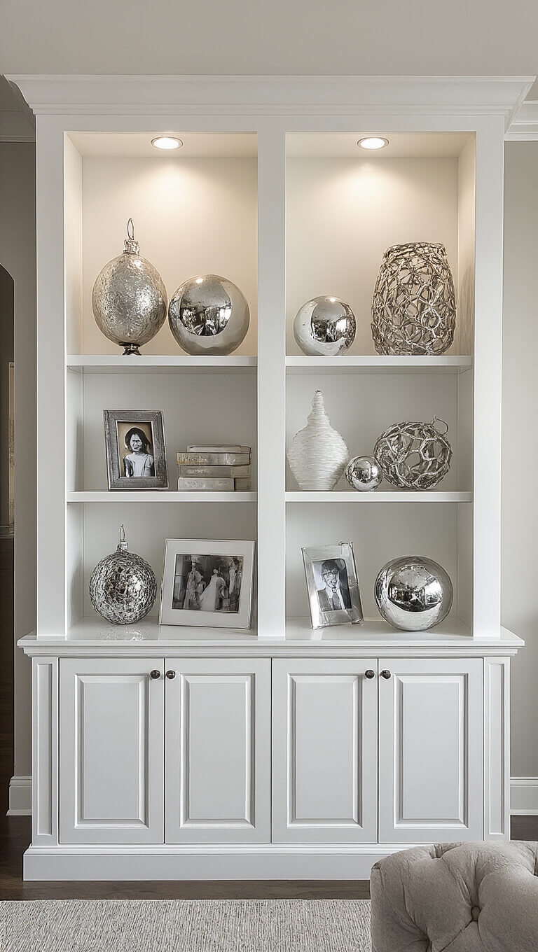 Contemporary mantel with mixed-media ornaments, family photo decorations, and metallic accents, bathed in golden hour light with dramatic shadows, surrounded by white-on-white built-ins.