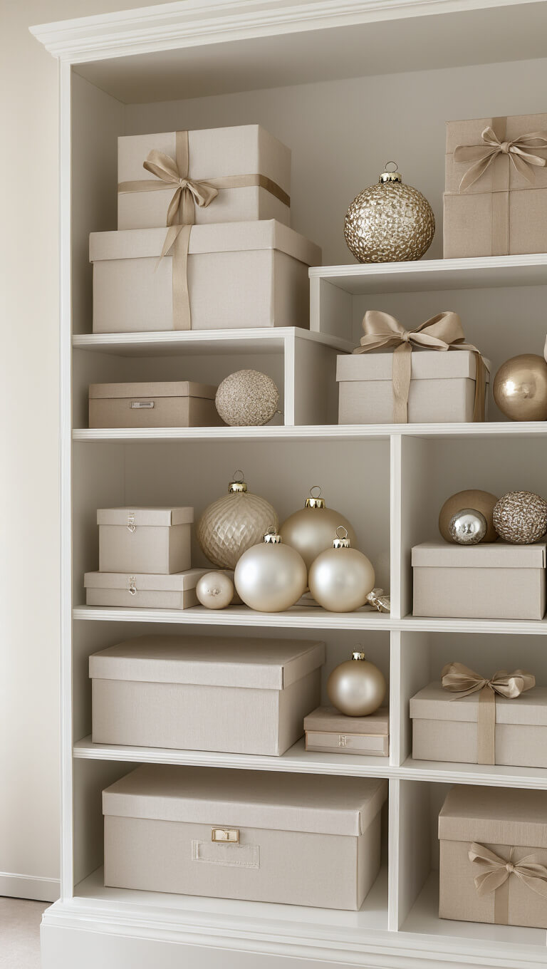 Custom-built shelving unit with neatly wrapped ornaments in divided compartments, professionally organized with neutral-toned storage materials.