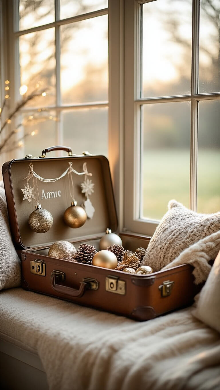 Cozy window seat with vintage suitcase displaying unpacked family ornaments in warm morning light, framed by soft focus edges.