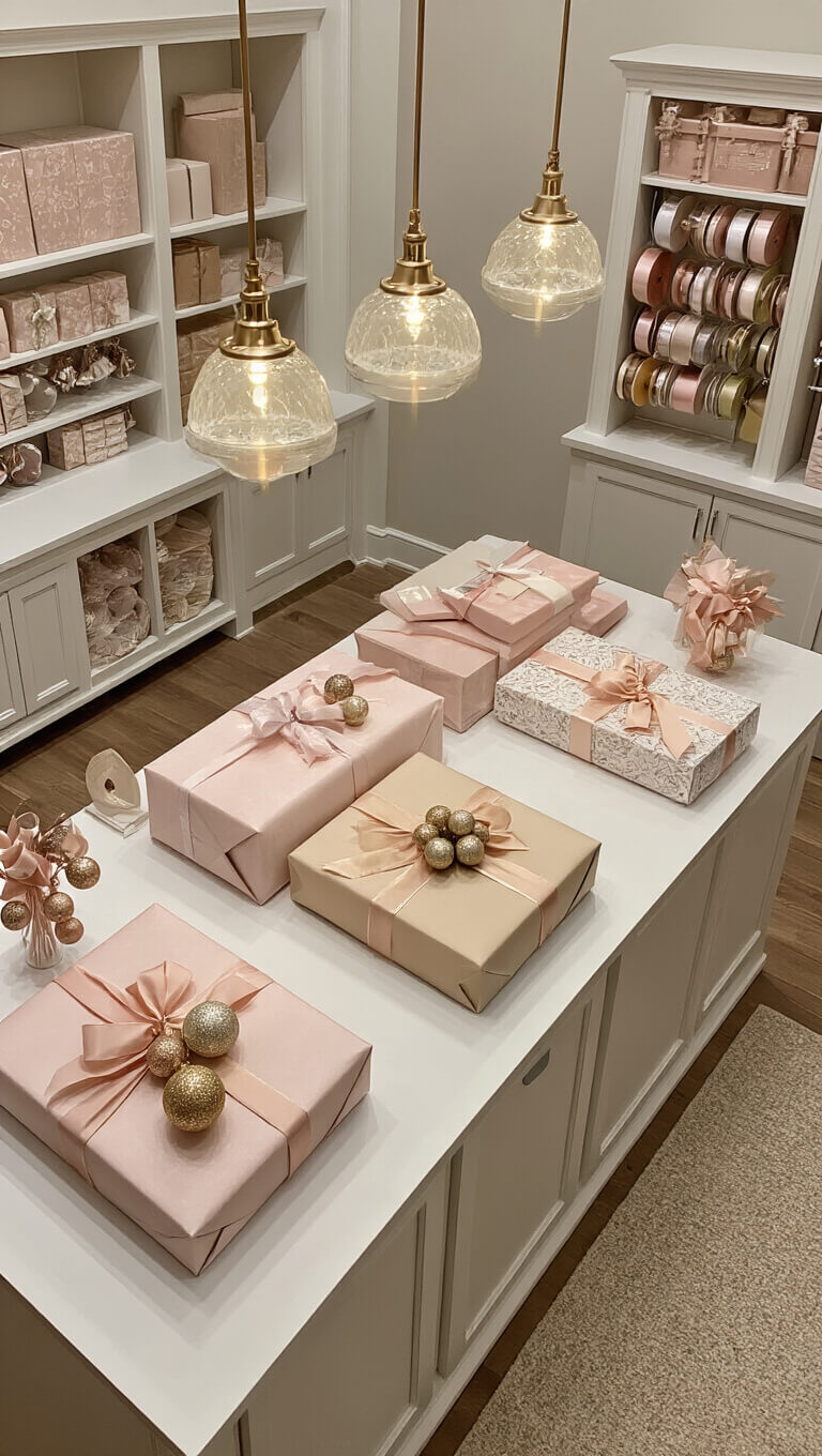 Overhead view of professional gift-wrapping station with blush and gold packages, organized ribbons, hanging ornaments, and task lighting on custom counter.