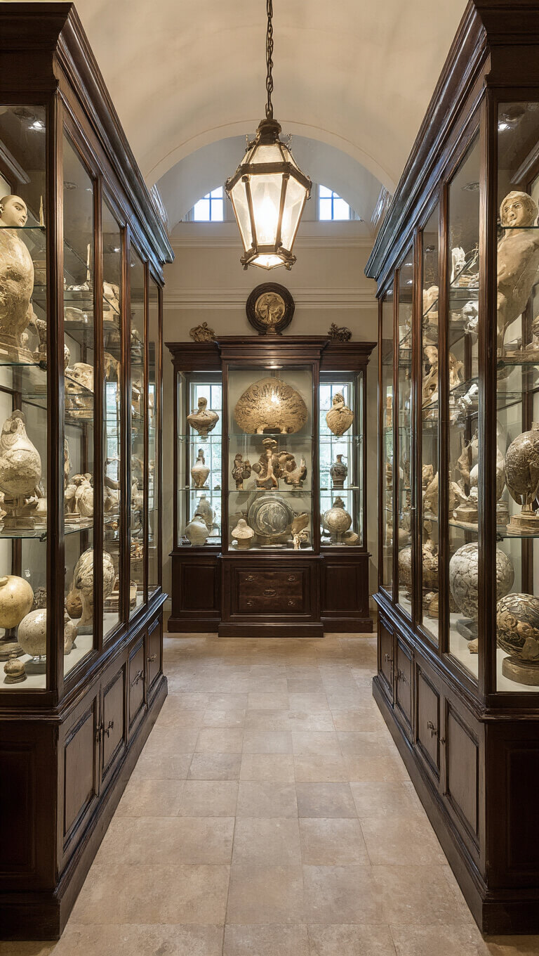 Dramatic entry hall with floor-to-ceiling glass cabinet displaying oversized ornaments organized by era, highlighted by museum-style lighting in a traditional color palette.