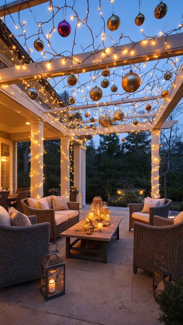 Festive outdoor patio with ornament-covered pergola, warm café lights glowing at dusk, viewed from guest's perspective.