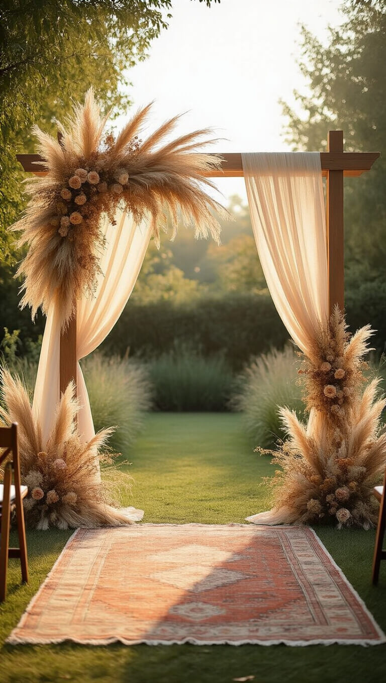 Sunlit garden wedding scene with a 7-foot A-frame wooden arch adorned with pampas grass and wildflowers, vintage Persian rug in foreground, and soft golden hour lighting.