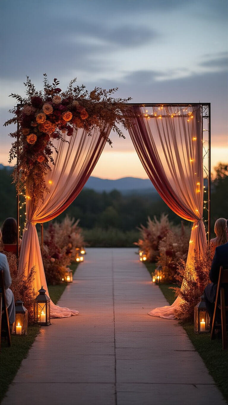 Dusk wedding ceremony with twinkle-lit 8-foot metal arch, billowing chiffon drapes, preserved autumn flowers, vintage lanterns along aisle, and jewel-tone décor with gold accents.