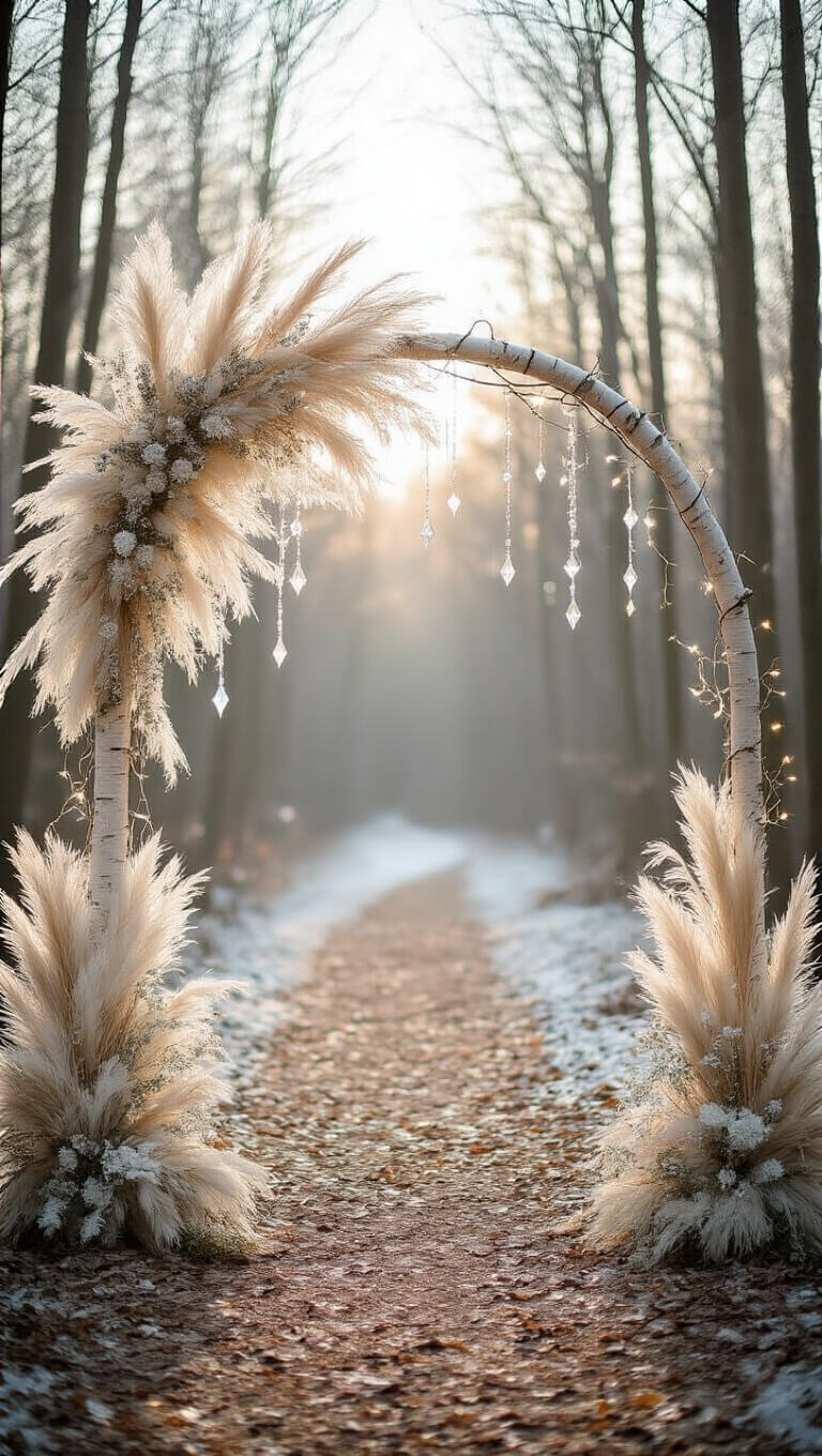 Winter woodland wedding arch made of birch branches with pampas grass, bleached ruscus, fairy lights, and crystal prisms, viewed from below in soft morning light.