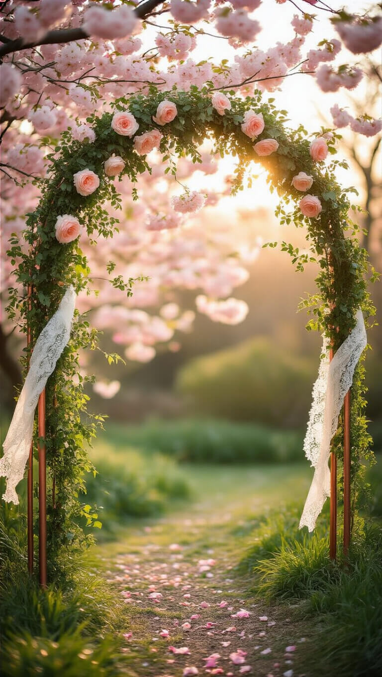 Spring garden wedding arch with greenery and roses, viewed through cherry blossoms at golden hour.